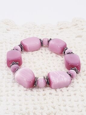 E6007 Pink Cats Eye Chunky Beaded Stretch Bracelet